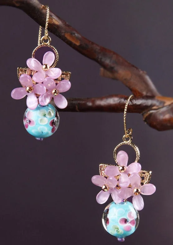 Retro Light Purple 24K Gold Coloured Glaze Synthetic Flower Drop Earrings
