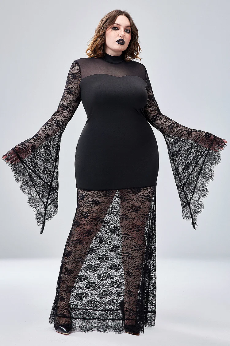 Xpluswear Design Plus Size Halloween Costume Black Trumpet Sleeve Lace Maxi Dress（Ships 24h）
