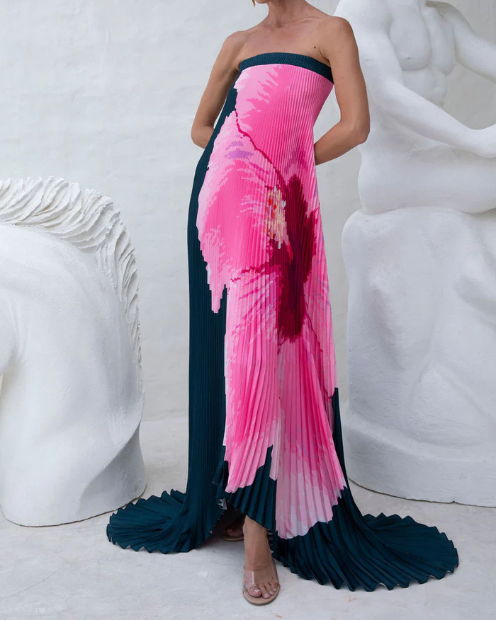 Floral Pattern Strapless Maxi Dress