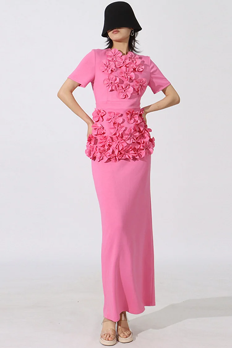 3D Floral Tunic Blouse Two Piece Skirt Set-Pink