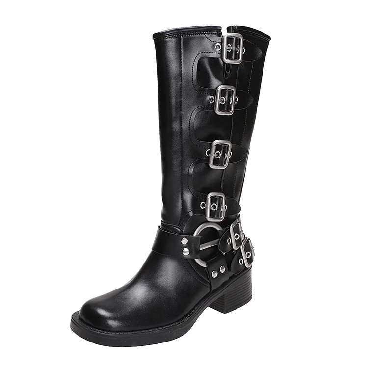 Women's Calf Buckle PU Round Toe Retro Western Gothic Boots  Stunahome.com