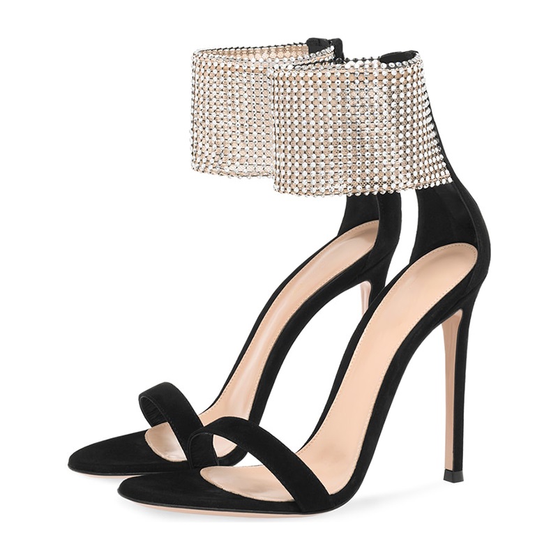 Black Rhinestone Ankle Cuff Stiletto Heels SandalsFSJshoes