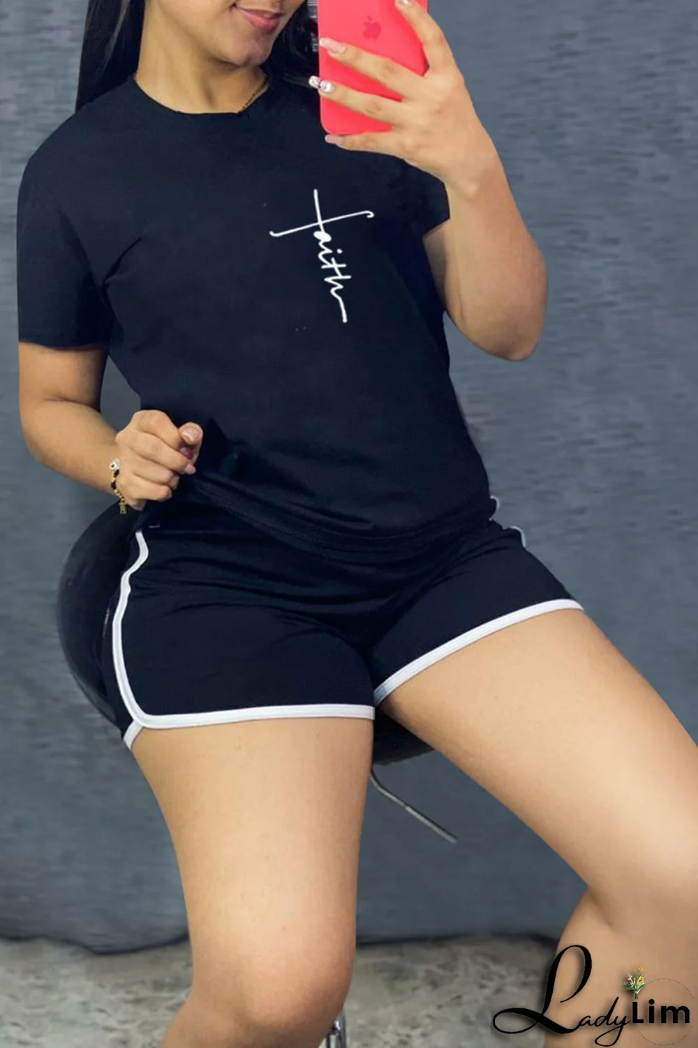 Tangerine Red Casual Print Patchwork O Neck Short Sleeve Two Pieces