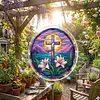 (18.5cm)DIY Acrylic Jigsaw Puzzle Window Hanging with Hanging Chain DIY Stained Glass Decoration Round Window Puzzle Decor for DIY Craft Project (Cross)