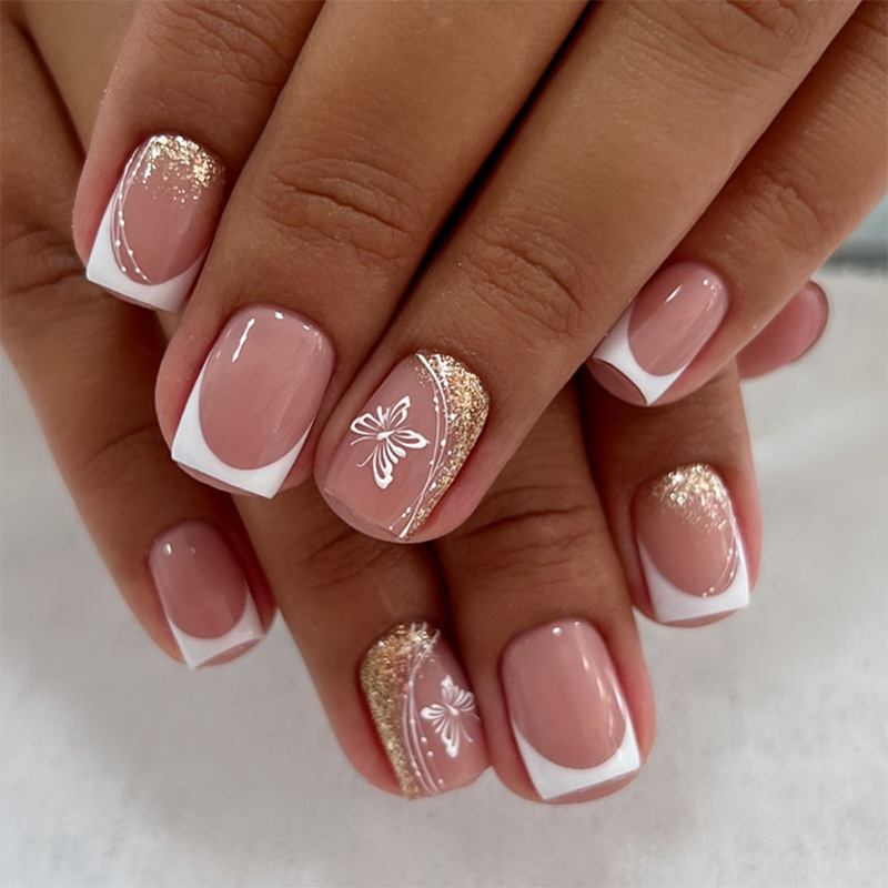 24PCS Mid-length Square Nail Shiny Cat Eyes Wearable False Nails White French Press on Nails with Golden Stripe Full Cover Nail