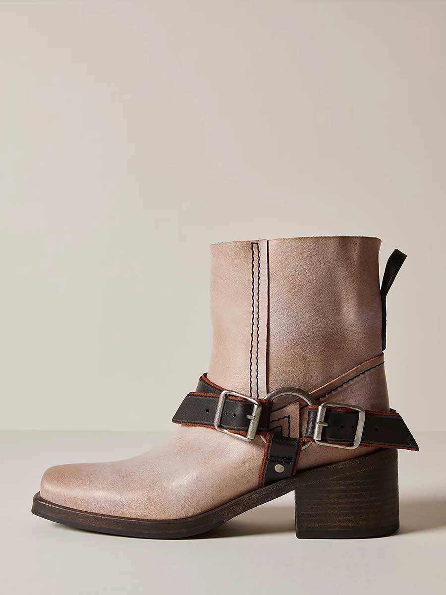 Vegan Leather Square Toe Buckle Strap Block Heel Ankle Boots in Beige