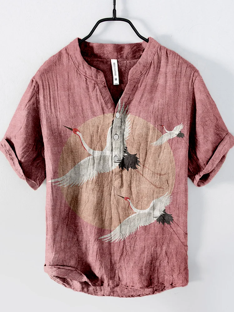 Flying Cranes Japanese Art Pattern Linen Blend Shirt