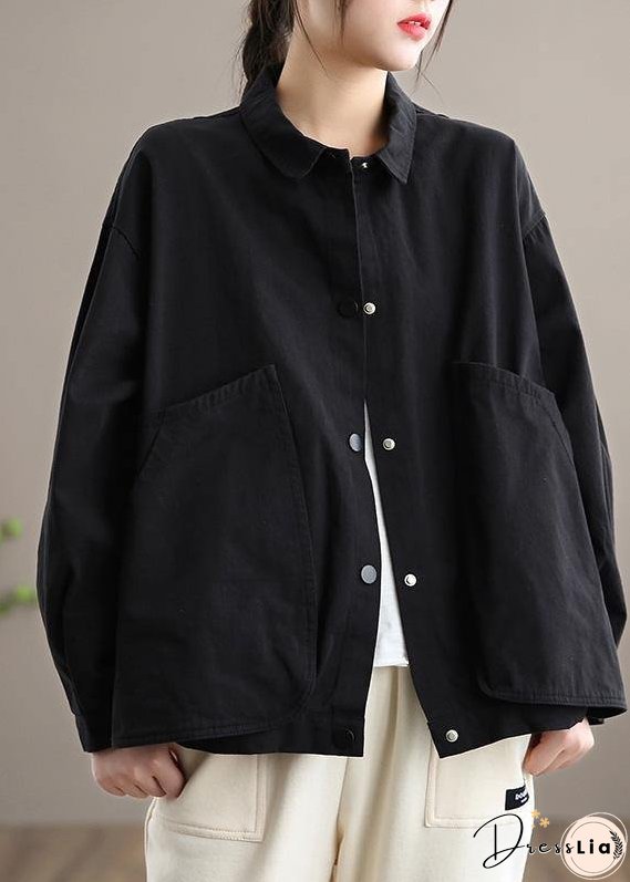 Organic Lapel Large Pockets Spring Clothes For Women Christmas Gifts Black Tops
