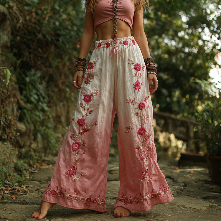 Utbros Women's Vintage Floral Embroidered Linen Casual Wide Leg Pants