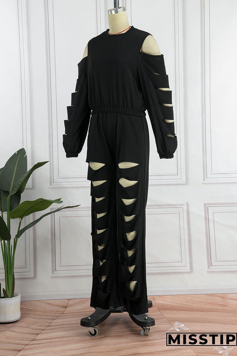 Black Casual Street Solid Hollowed Out Patchwork O Neck Long Sleeve Two Pieces
