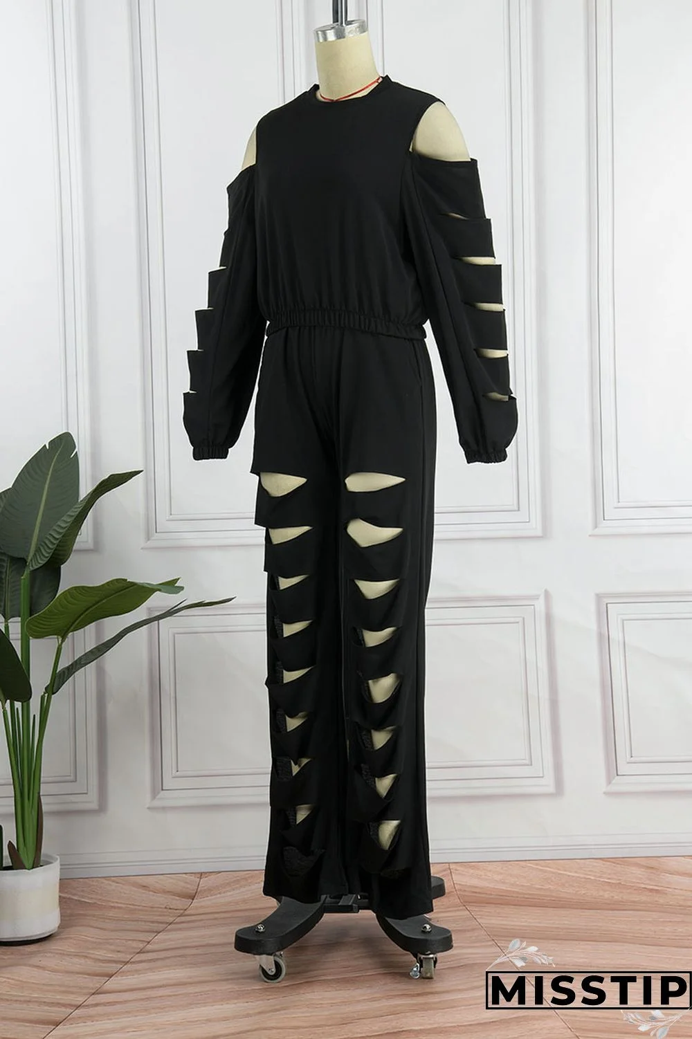 Black Casual Street Solid Hollowed Out Patchwork O Neck Long Sleeve Two Pieces