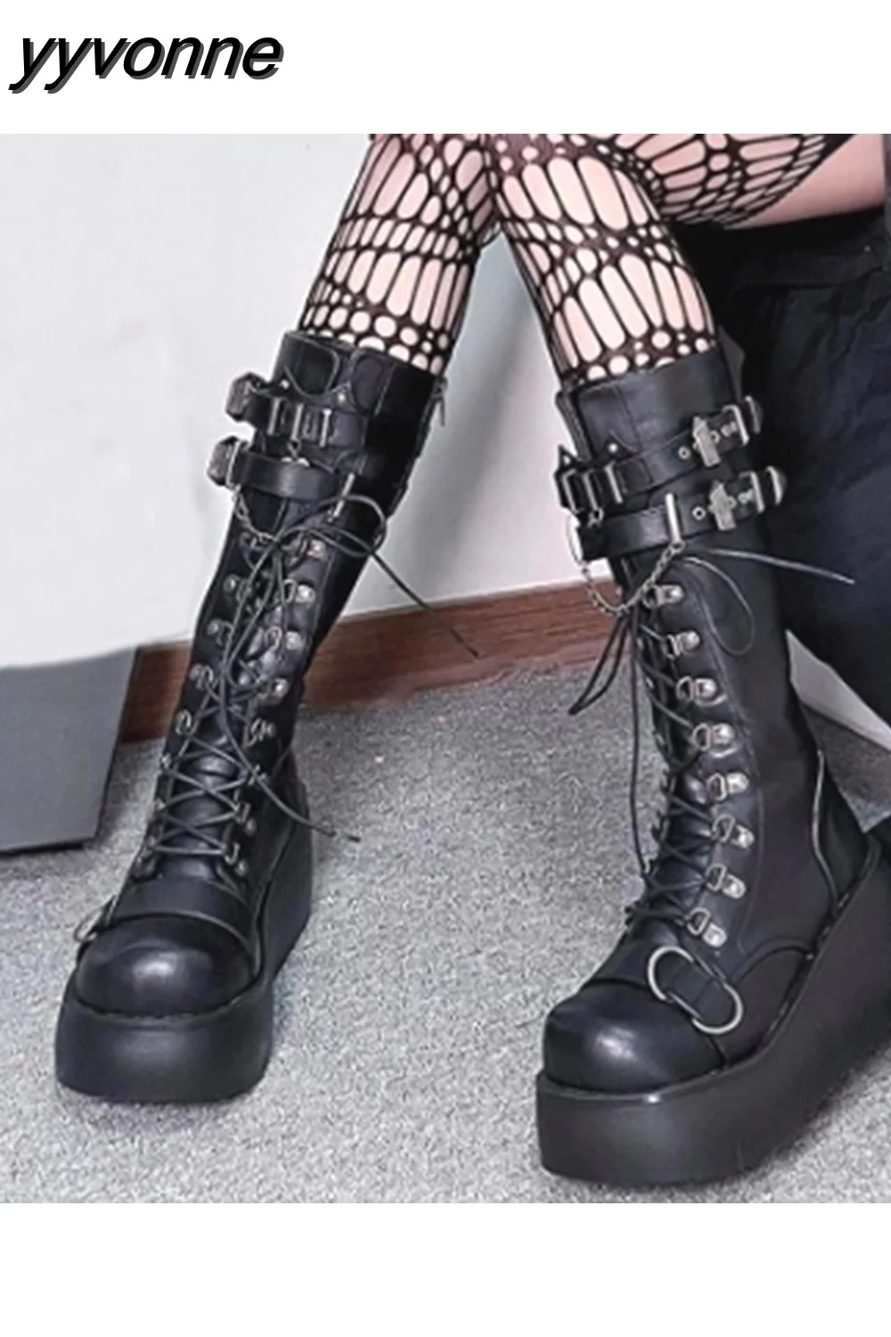 yyvonne Women Goth Platform Mid Calf Boots Wedges Heeled Cospaly Autumn Combat Boots Design Luxury Motorcycle Boots Shoes