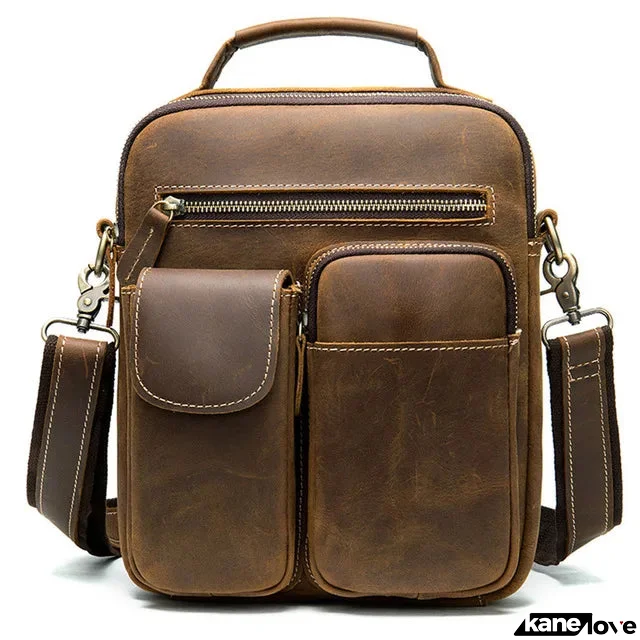 Men's Genuine Leather Zipper Closure Solid Pattern Shoulder Bag