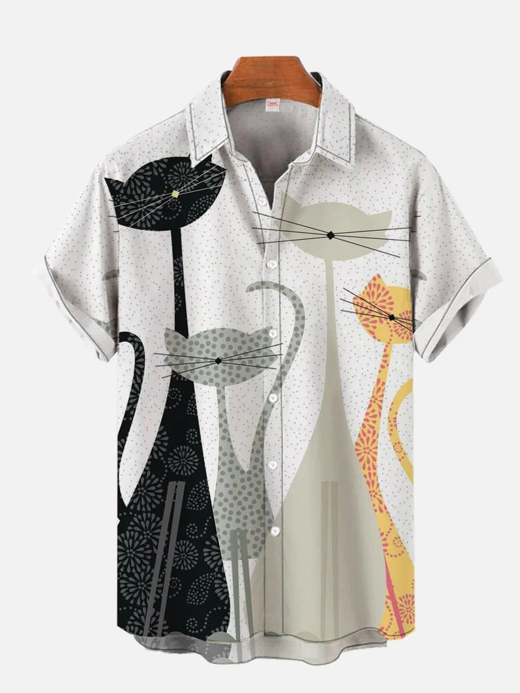 Trendy Casual Cartoon Cat Hawaiian Short Sleeve Shirt