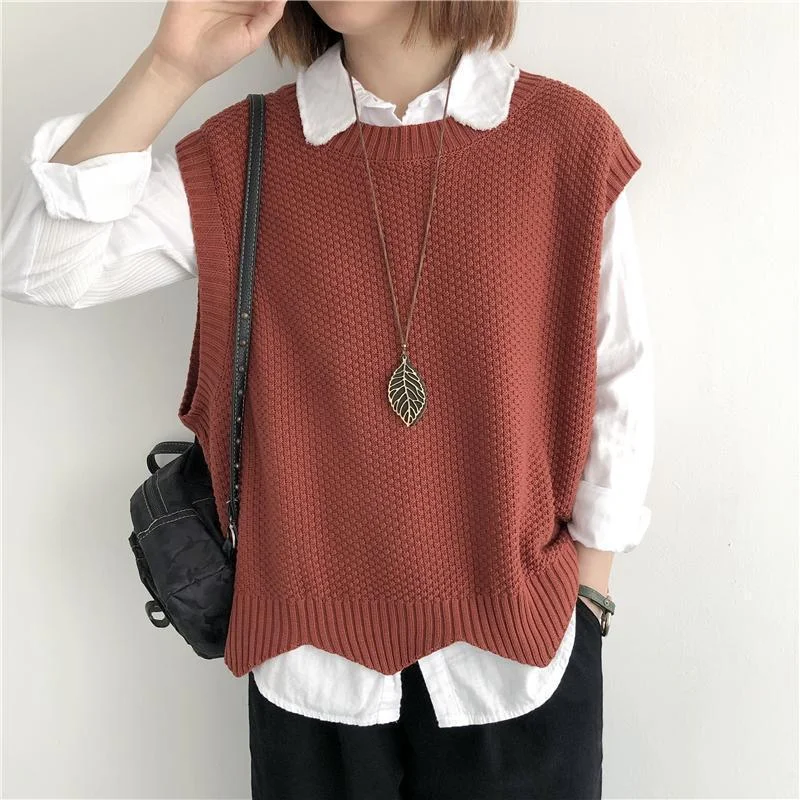 Churchf Churchf 2024 Solid Color Loose Round Collar Horse Clip Vest Wear Irregular Head Short Knit Vest Women's Vest