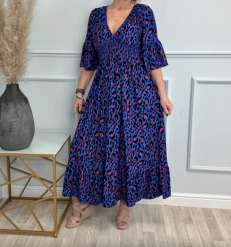 💥Buy 2 Free Shipping🔥V-neck Print Shirred Waist Dress 
