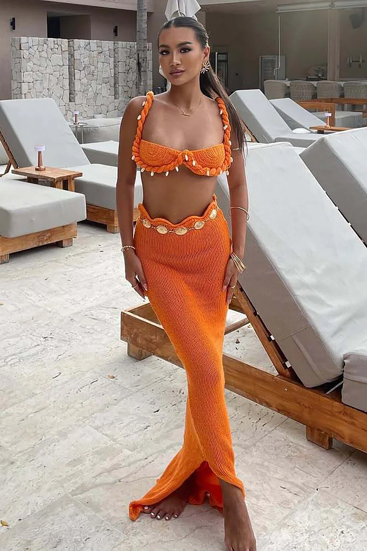 Shell Decor Braided Trim Crop Cami Knit Slit Maxi Skirt 2pcs Set-Orange