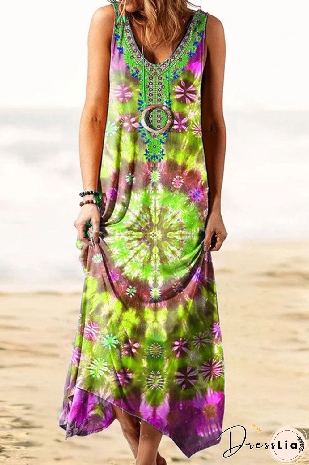 Fashion Vintage Print O Neck Irregular Dresses(4 Colors)