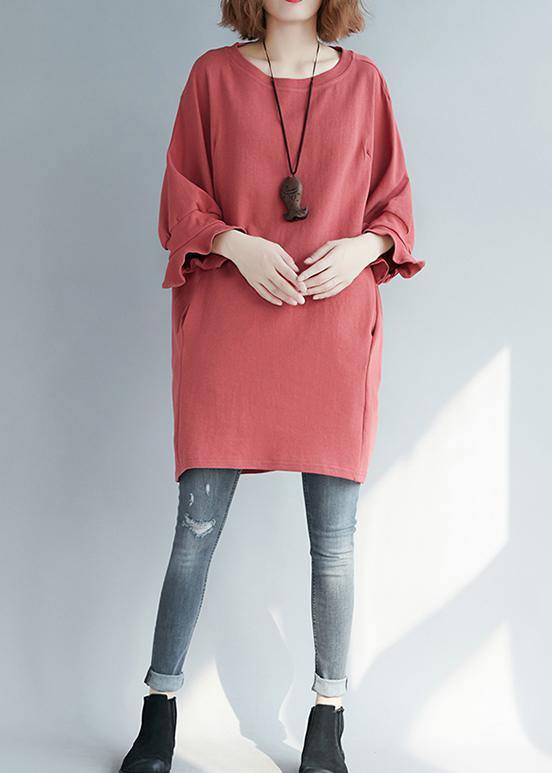 VCSHOES red linen tunic top o neck half sleeve short summer Dress