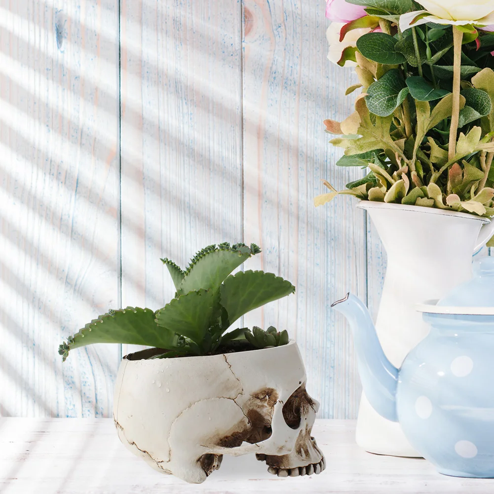 Resin Skeleton Flower Pot Sculptures Garden Office Container Human Skull