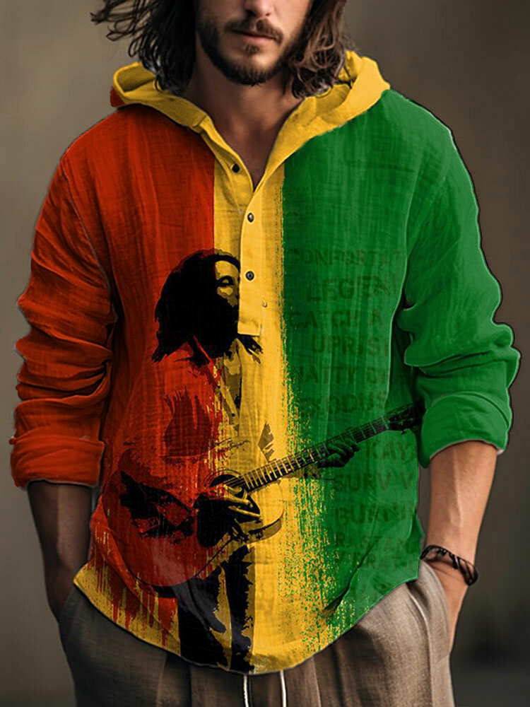 Comstylish Reggae Music Bob Marley Print Linen Blend Hooded Shirt
