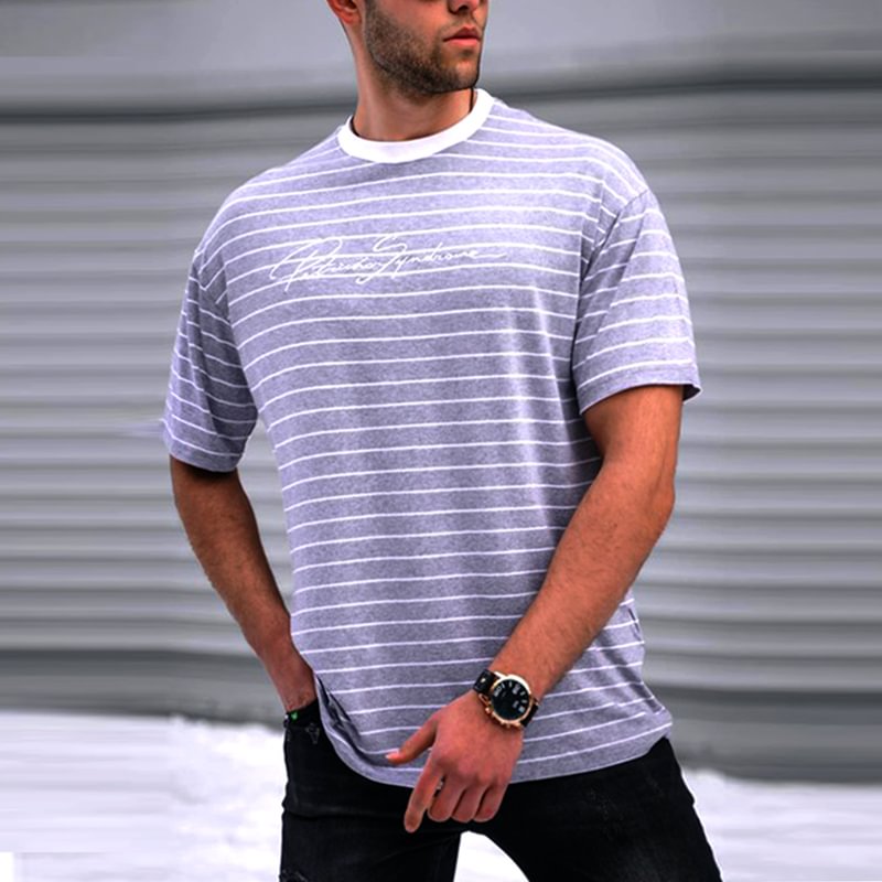 Men's Striped Casual Loose T-Shirt、、URBENIE