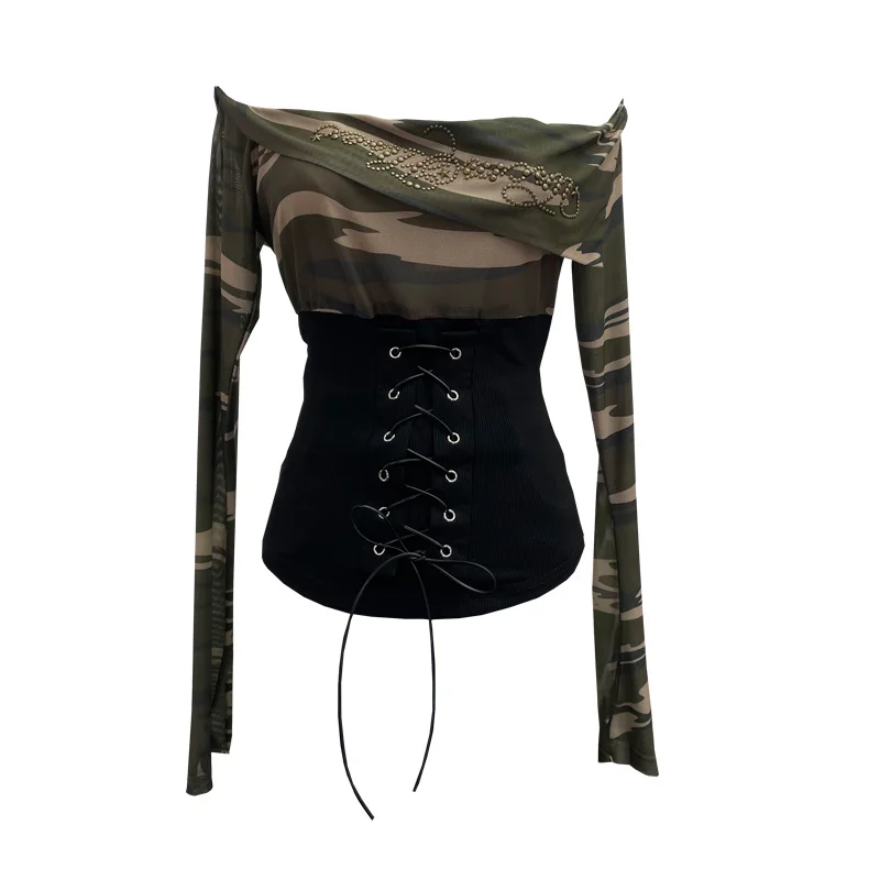 Nigikala Nigikala Real Shot Of The Hottie Shoulder Mesh Hot Diamond To Receive The Belt Strap Horn Long Sleeve Top Short T-Shirt 2760