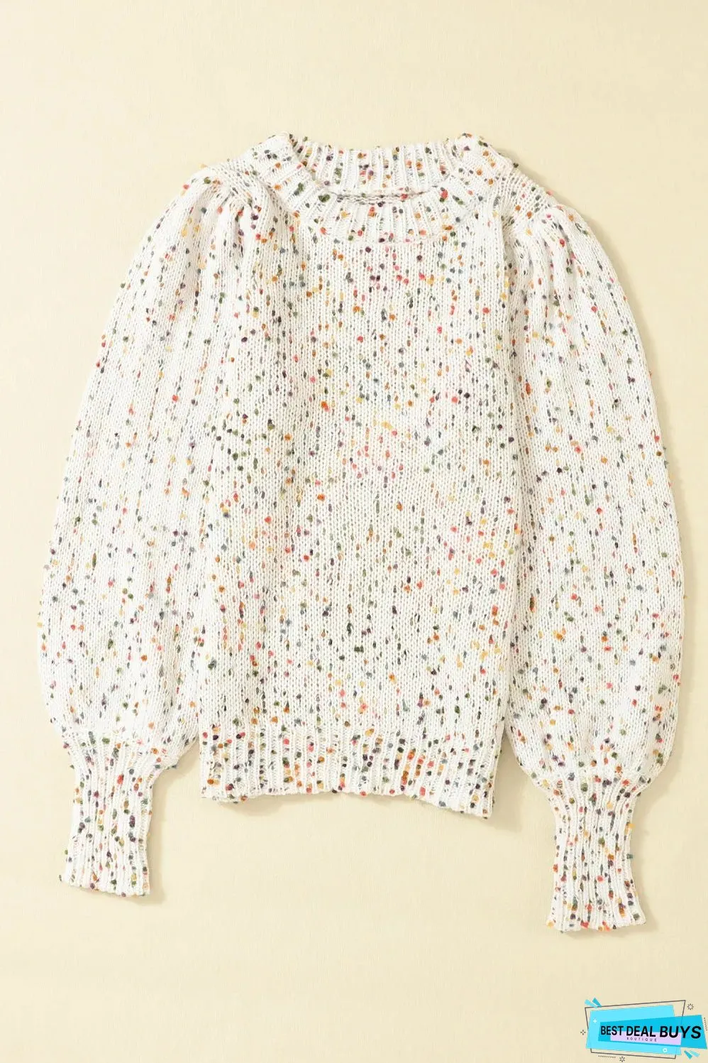 Beige Colorful Dots Cable Knit Crew Neck Sweater