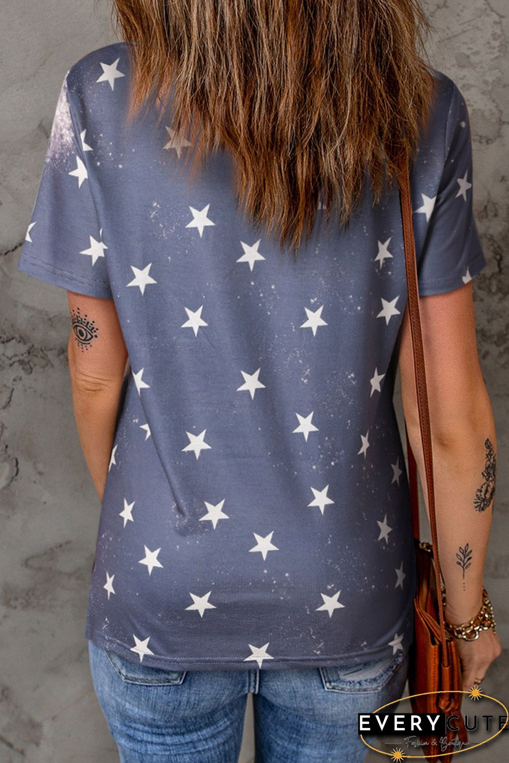 Blue Happy 4th Of July Stars Print Short Sleeve T Shirt