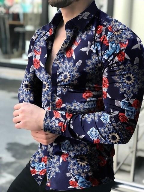 Floral print lapel collar long sleeve shirt