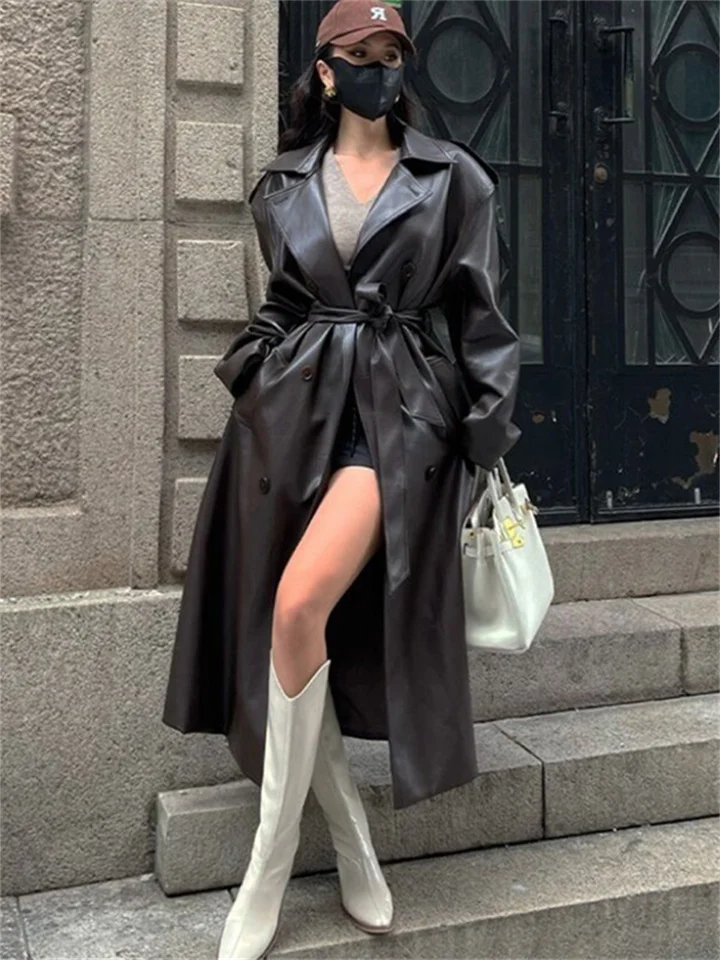 Black Brown Vintage Medium-length Knee-length Pu Leather Jacket Jacket Senior Sense Female Loose Leather Trench Coat-Cosfine