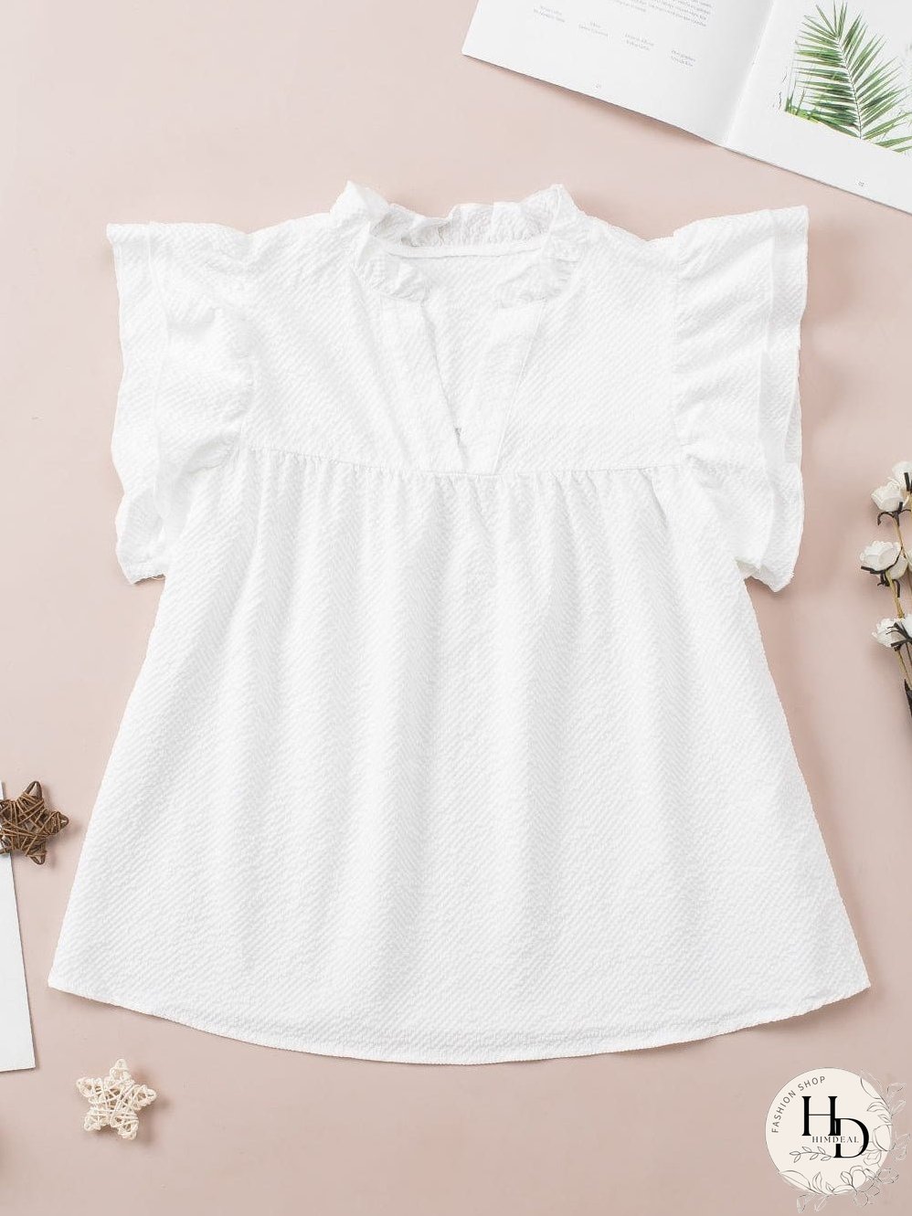 White Waffle Knit Flutter Sleeve Blouse with Notch Neck Detail