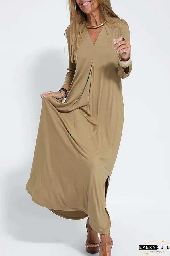 Women Casual V Neck Solid Color Maxi Dress