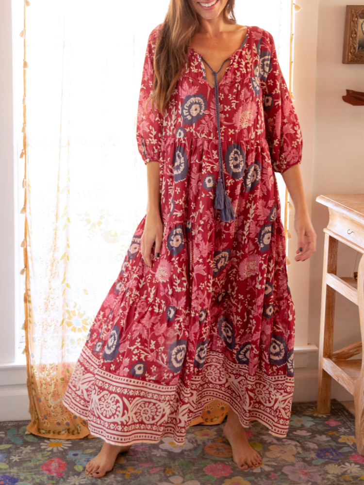 Auguste Boho Maxi Dress - Red Pink Border