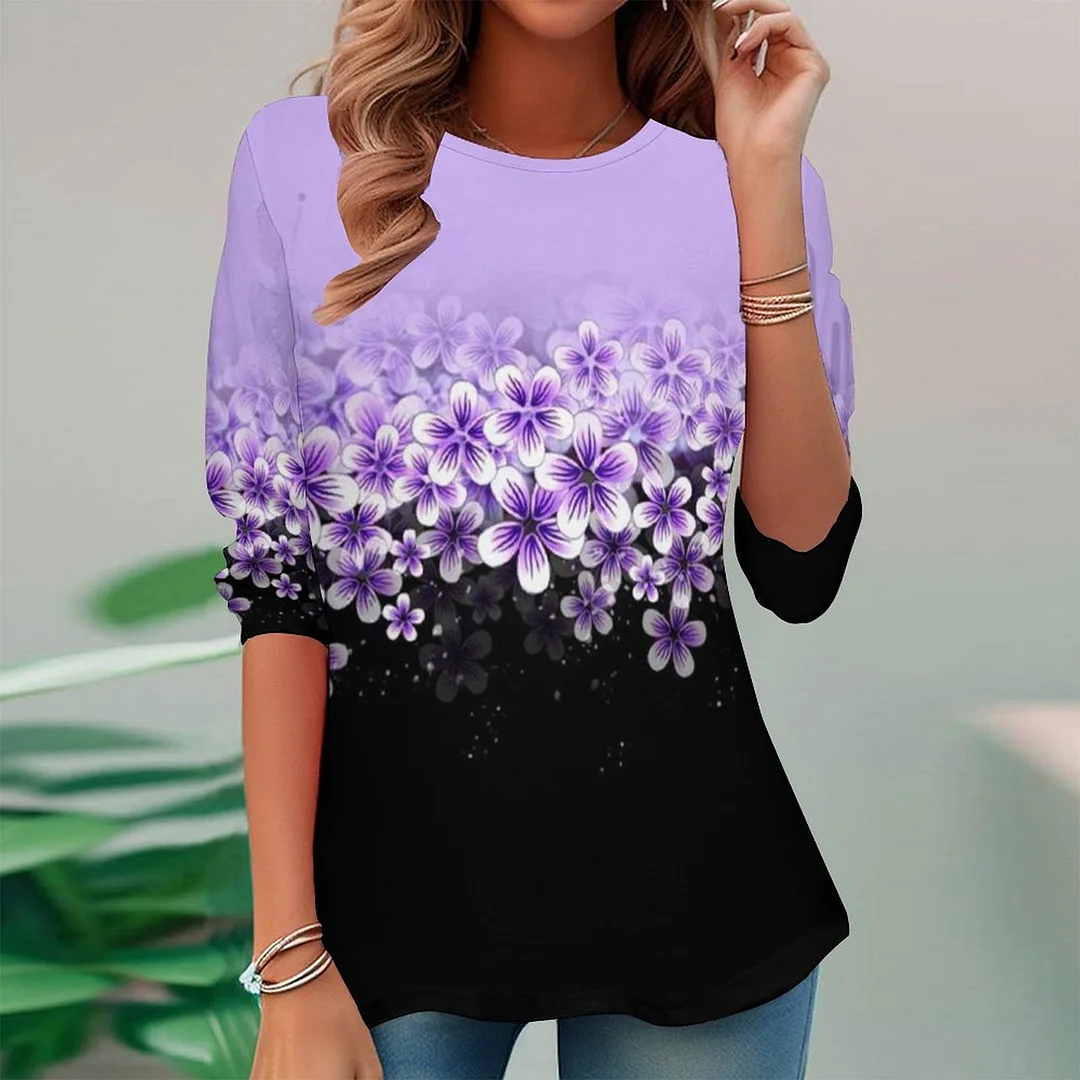 Full Printed Long Sleeve Plus Size Tunic for  Women Pattern Floral,Purple,Black