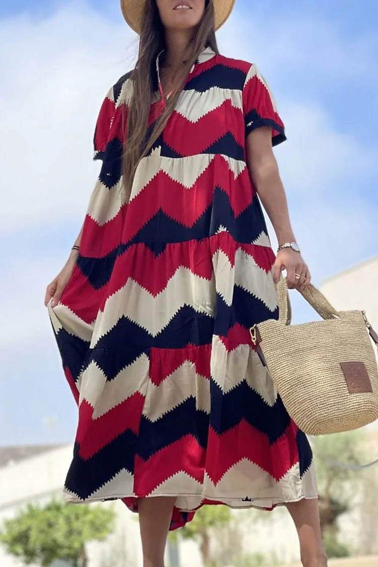 Vintage Elegant Geometric Print Patchwork O Neck A Line Dresses(5 Colors)