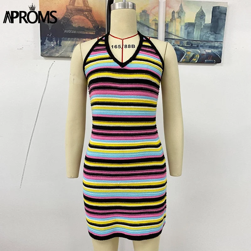 Aproms Bright Striped Halter Knitted Mini Dress Women Summer 2022 Sexy Backless Bodycon Slim Fit Dresses Female Party Sundresses