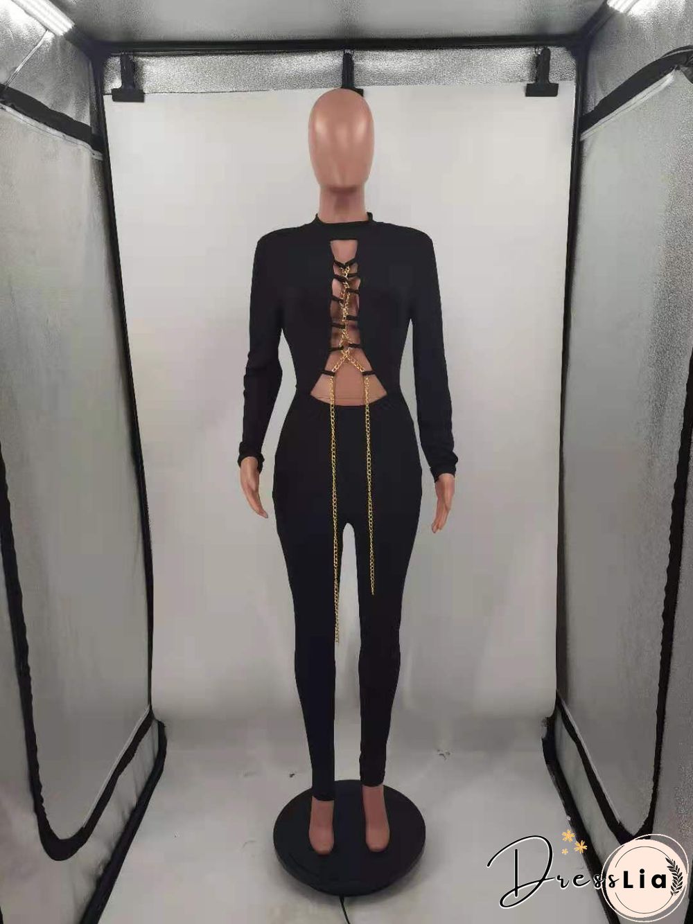 Hollow Out Cross Chain Lace Up Long Sleeve Jumpsuit