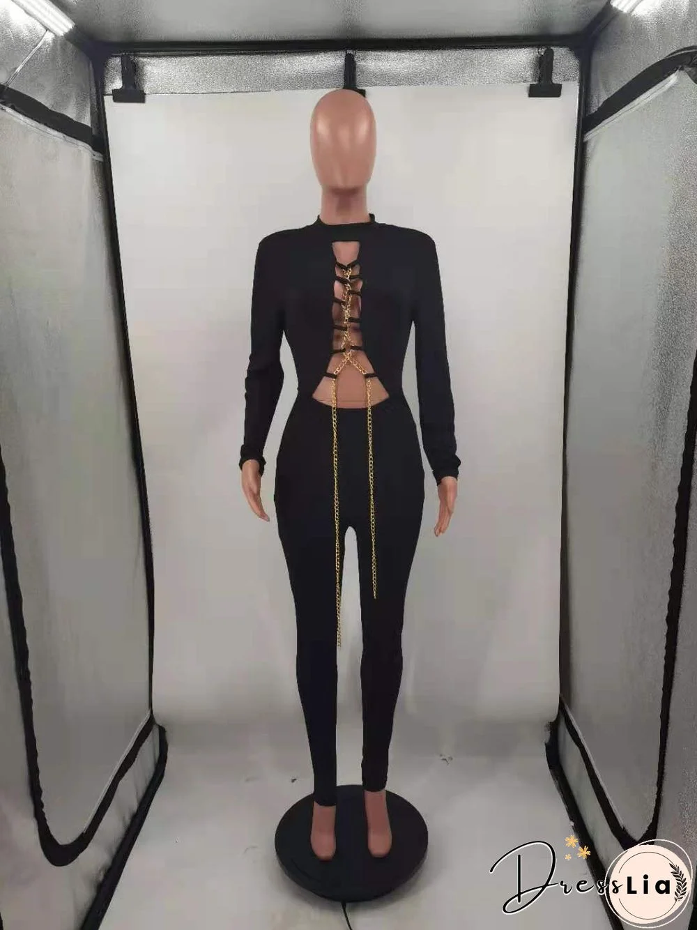 Hollow Out Cross Chain Lace Up Long Sleeve Jumpsuit