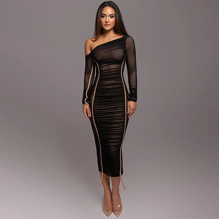 Women's Diagonal Collar Long Sleeve High Waist Mesh Dress