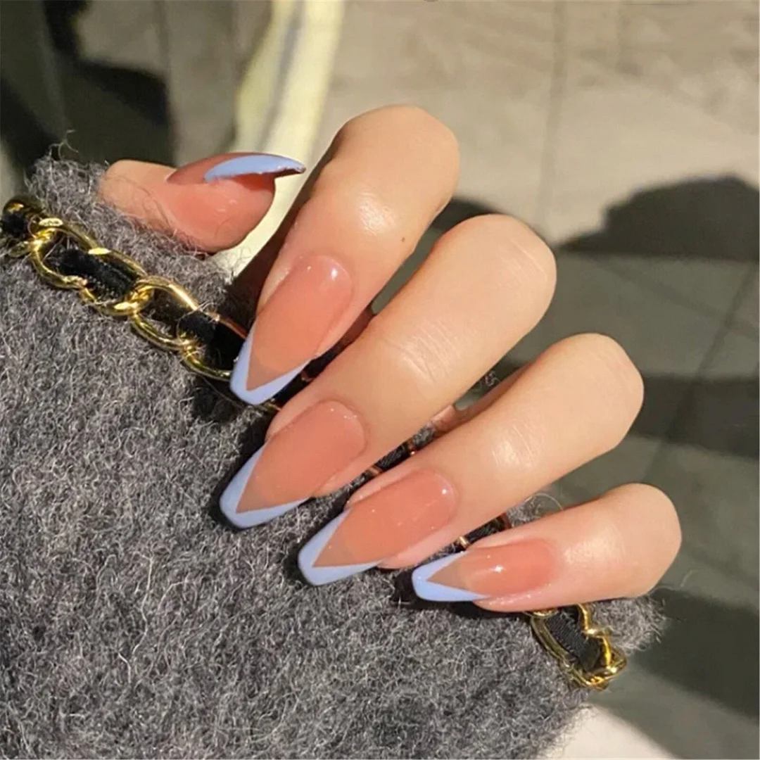 False Nails 24pcs Blue Line French Manicure Art False Nails Women Lady Wearable Full Cover Jelly Color Press On Nail With GLue