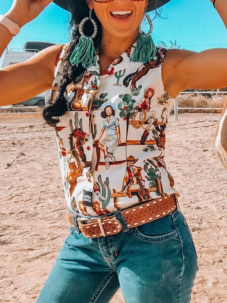 Vintage Sleeveless Boho Cactus Geometric Printed Plus Size Casual Vest Tops