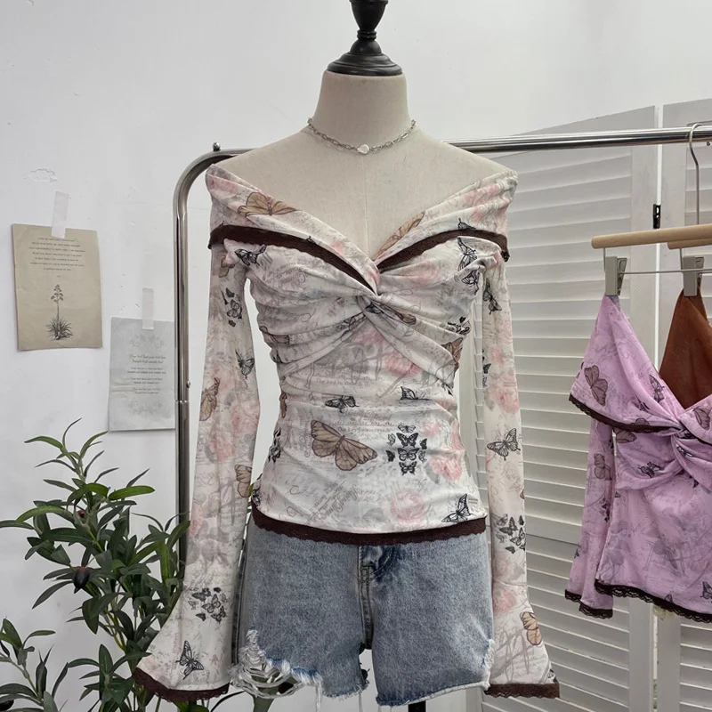 Churchf Vintage Oil Painting Print Collar A Word Twisted Folded Short-Sleeved Trumpet Blouse 9907