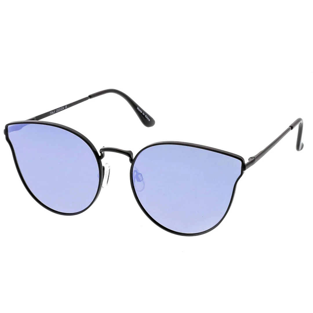 Premium Metal Cat Eye Sunglasse With Slim Arms And Round Colored Mirror Flat Lens 54mm