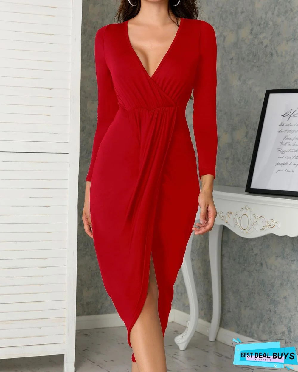 Deep V Ruched Tulip Hem Party Dress