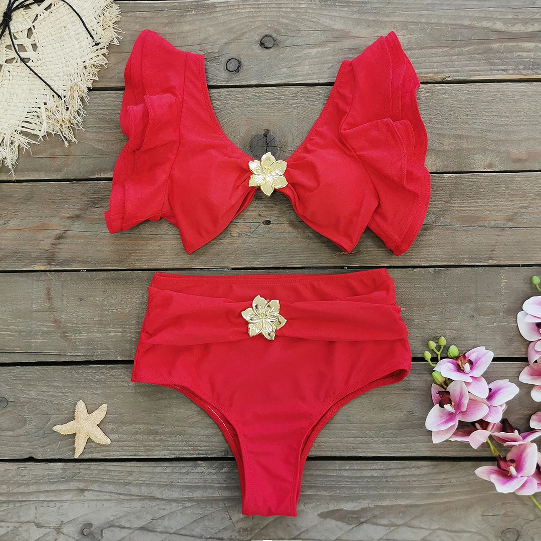 Uveng Solid-Color High-Waisted Bikini 2025 New Split Swimsuit Female Lotus Edge Bikini Export Swimsuit