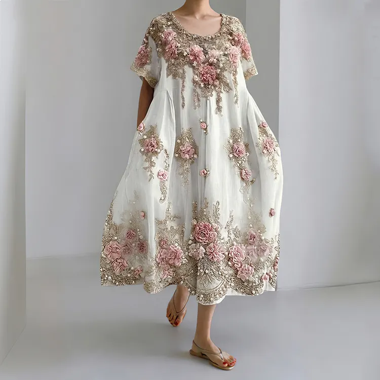 Women's Pink Flower Art Print Flowy Linen Blend Short Sleeve Midi Dress