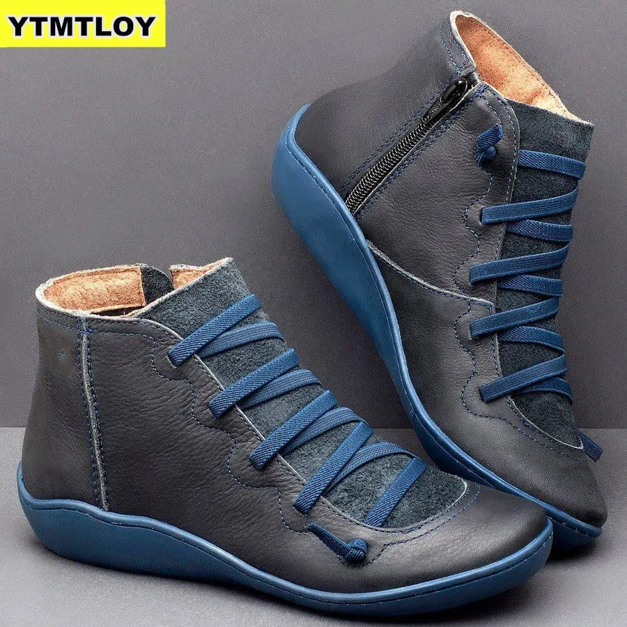 Womens Winter Snow Boots Genuine Leather Ankle Spring Flat Shoes Woman Short Brown Botas