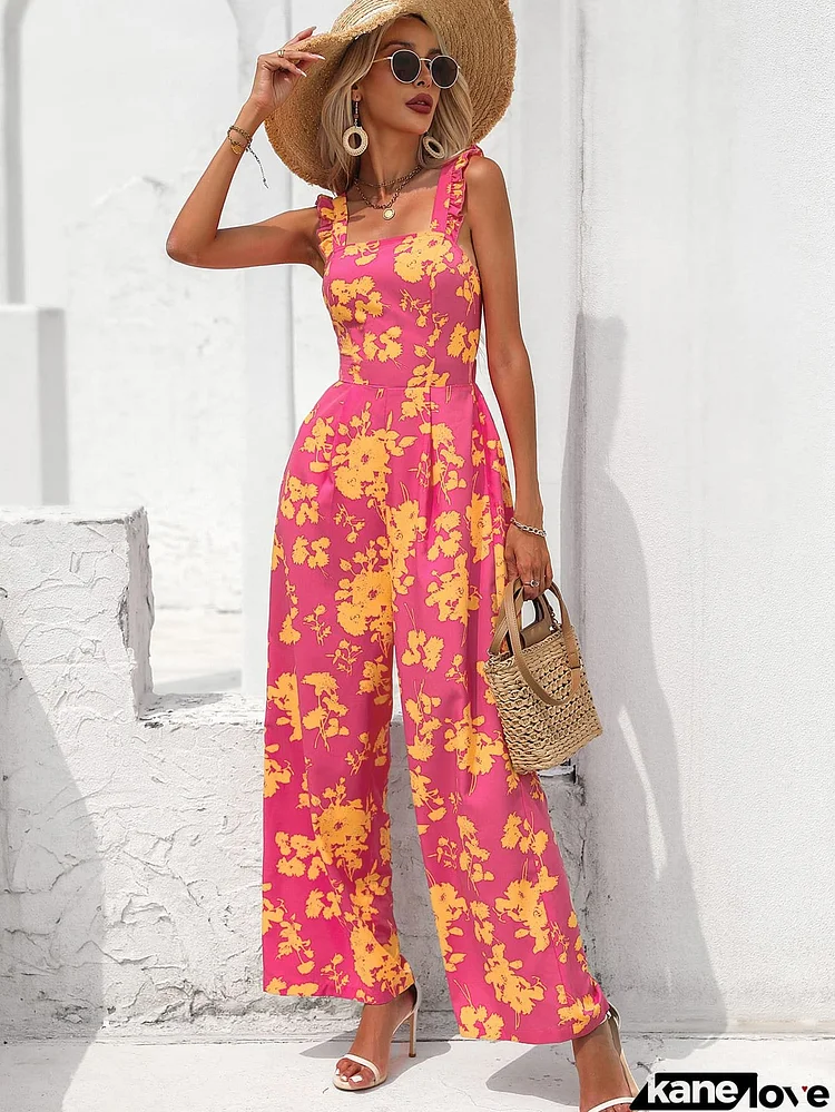 Floral Square Neck Cutout Tie Back Jumpsuit