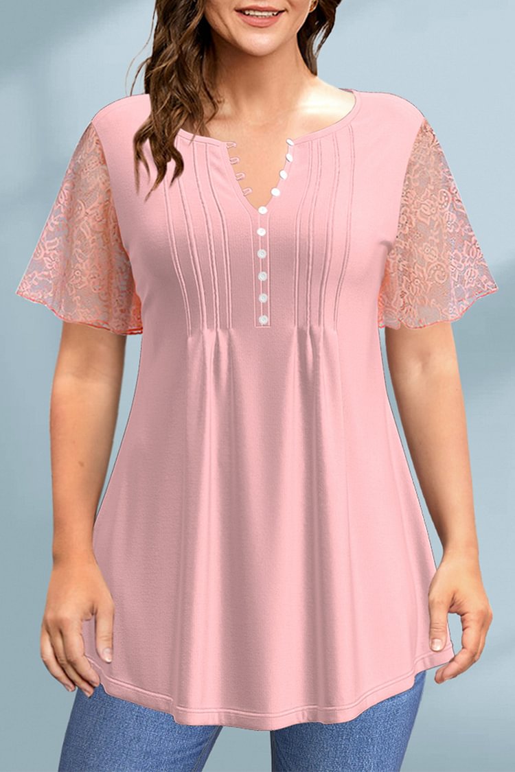 Flycurvy Plus Size Casual Pink Lace Decorative Button Ruffle Sleeve Pleated Blouse  Flycurvy [product_label]